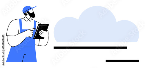 Cloud computing, data management, technology, digitalization, modern workforce, remote operations. Worker in uniform using a tablet near a cloud icon. Cloud computing and data management concept