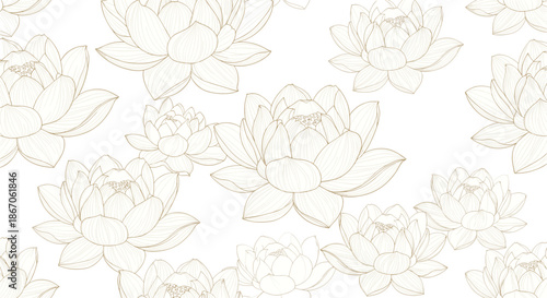 Subtle and elegant seamless pattern of hand-drawn lotus flowers in light beige line art on a clean white background.