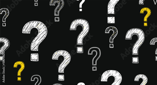 Dynamic seamless pattern of hand-drawn question marks in various sizes and styles on a solid dark black background.