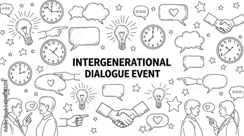 Intergenerational dialogue event illustration with communication icons, people conversations, handshakes, clocks and ideas in black and white line art