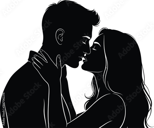 Intimate romantic couple silhouette kissing closely, expressing deep love, passion and emotional connection in elegant black and white illustration