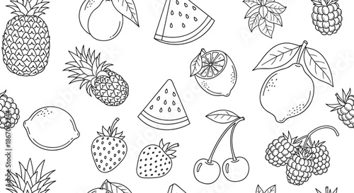 Black and white line art pattern of various fruits including pineapple, strawberry, lemon, cherry, watermelon, and peach for healthy design.