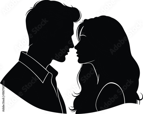 Romantic couple silhouette face to face in intimate moment symbolizing love, connection and passion in elegant black and white illustration
