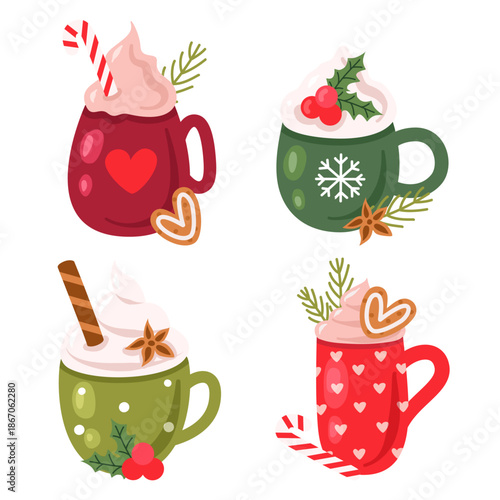 A festive collection of cozy winter mugs filled with hot chocolate and topped with whipped cream and Christmas cookies for the holidays
