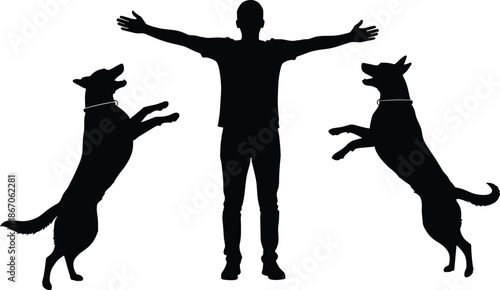 Silhouette of person with arms outstretched and two dogs jumping, playful interaction pose, black and white illustration, transparent background, dynamic symmetrical design