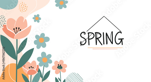 Abstract spring composition with pastel colored flowers and soft organic shapes featuring hand lettered text on a clean white background.