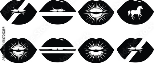 Stylized lips silhouette icon collection with cracked, radiant and symbolic designs in black and white for fashion and beauty concepts