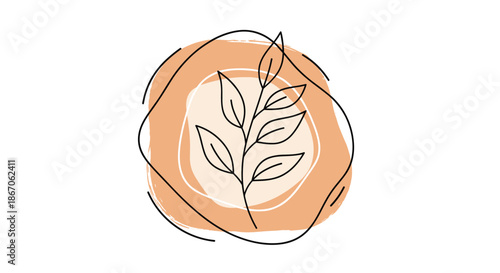 Minimalist line art illustration showing a single branch with leaves enclosed within abstract circular shapes for modern interior decor.