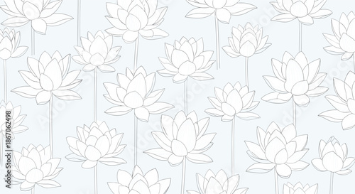 Elegant seamless pattern of outlined lotus flowers on long stems against a light blue background for tranquil and serene designs.