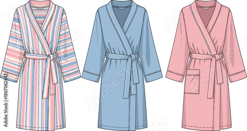 Three bathrobe designs with belt and long sleeves, striped, blue, and pink styles, fashion illustration, garment variety, transparent background, clothing concept