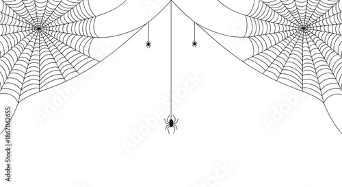 Spooky halloween illustration featuring delicate spider webs in corners with tiny spiders hanging from thin threads on a white background.