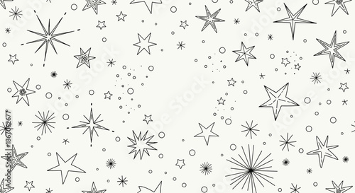 Whimsical seamless pattern of various hand drawn stars and celestial elements in a sketchy black and white style for creative designs.