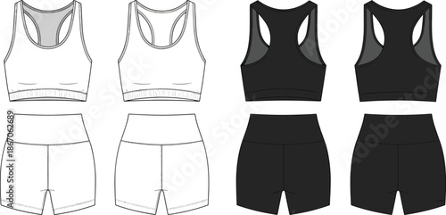 Two-piece athletic outfit front and back views, sports bra and shorts, line art and solid black, fashion illustration, transparent background, activewear design