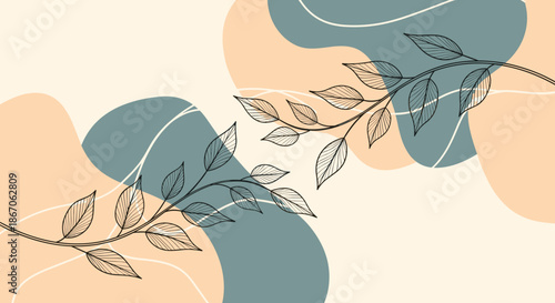 Two elegant leafy branches curving towards each other over a background of soft abstract shapes in muted blue and peach color tones.