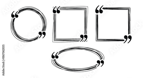 Collection of four distressed grunge quote frames in circular, square, and oval shapes with quotation marks for typographic design.