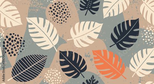Tropical seamless pattern featuring various monstera and palm leaves layered over abstract organic shapes with decorative dot patterns.