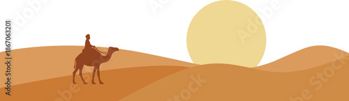 Flat desert scenery illustration featuring simple dunes and camel silhouette with clean composition and ample copy space