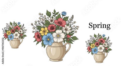 Decorative illustration featuring three vases filled with colorful spring flowers and the word spring in elegant serif typography style.