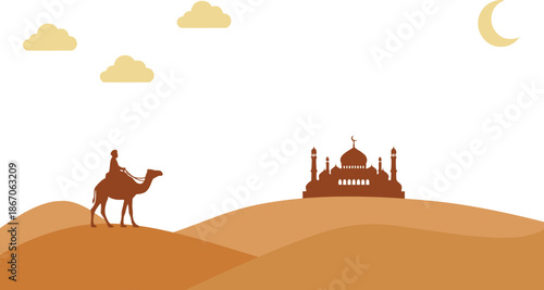 Minimal Desert Landscape Vector with Camel Silhouette and Soft Sand Dunes Background