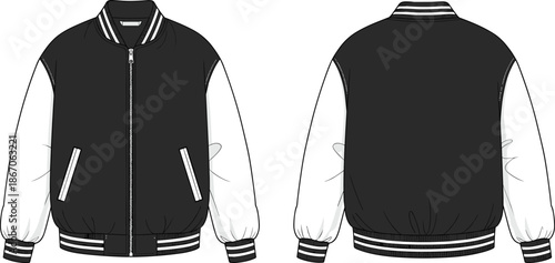 Varsity-style jacket with black body and white sleeves, striped ribbed collar and cuffs, front and back view, transparent background