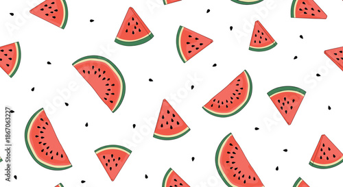 Fun and vibrant seamless pattern of juicy red watermelon slices and black seeds scattered randomly on a clean and bright white background.