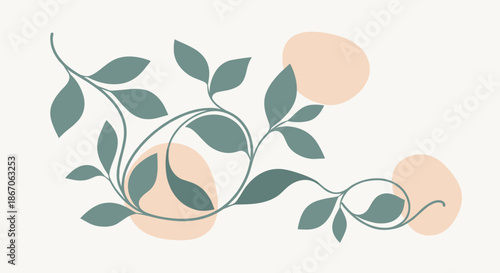 Elegant botanical illustration featuring a winding vine with green leaves draped over soft pink abstract organic shapes for modern art.