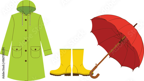 Rainy weather vector illustration showing raincoat rubber boots and umbrella waterproof clothing isolated on white background