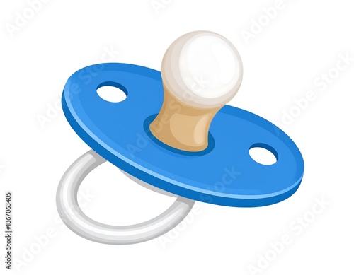 A blue baby pacifier, resting on a white surface, featuring a white handle and rounded nipple