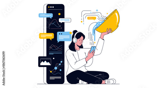 A woman sitting on floor using mobile phone with headphones and megaphone near large smartphone with various chat bubbles