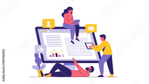 Group of people collaborating on a large digital document with charts and graphs