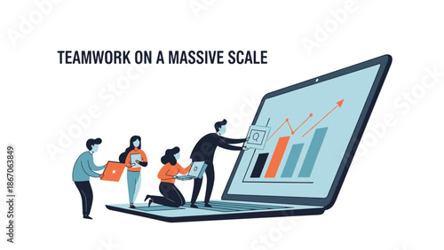 Professionals collaborating on a massive scale around a large laptop displaying business graphs