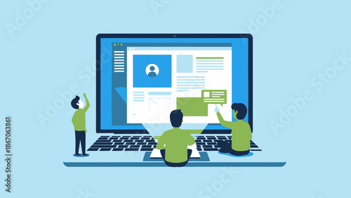 People working together on a large laptop screen displaying a website with a login page in a collaborative environment from a rear viewpoint