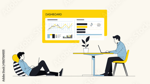 Two individuals analyzing business data on a large screen display in a modern workspace