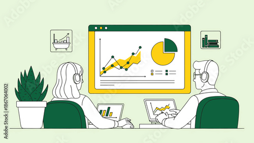 Two individuals analyzing business data on their laptops and a large screen display