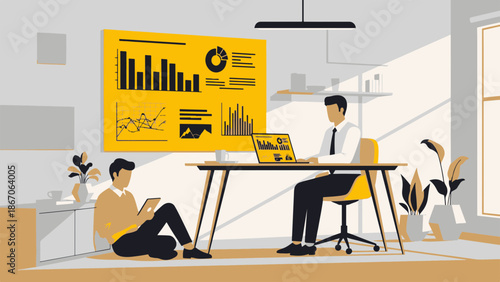 Two men collaborating on a business project in a modern office setting with graphic illustrations