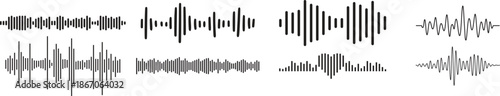 Sound Waves Icon set. Waveform pattern for music player, podcast, voise message. Vector illustration isolated on white background. Voice and radio signal spectrum lines. Song track amplitude graphic.