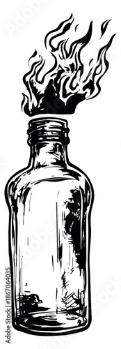 Hand drawn line art illustration of a molotov cocktail depicting flames erupting from its opening for concepts of protest and rebellion