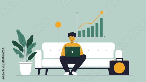 A person sitting on a couch with a laptop, surrounded by plants and graphs indicating productivity and growth in a modern home environment.