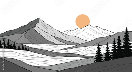 Artistic landscape illustration of majestic mountains and evergreen pine trees under a large orange sun in a clean and modern style.