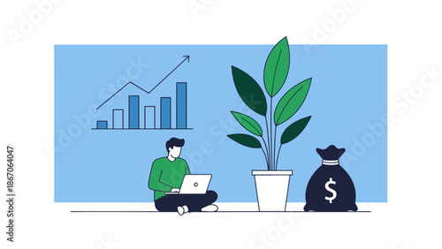 A person working on a laptop with a growing plant and money bag nearby indicating financial growth and productivity