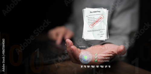 Man holding digitally signed confidential document with watermark, signature, hash, integrity verification checklist. Cybersecurity, digital file management, document protection, secure data handling