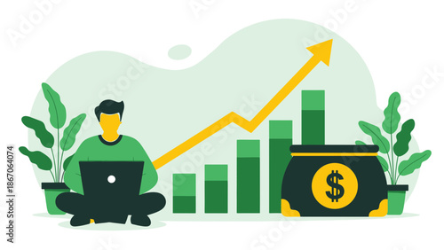 Person working on laptop with rising financial graph and money bag nearby