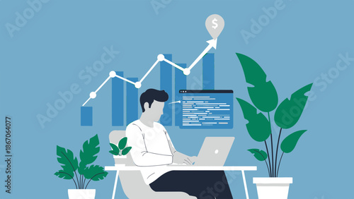 A man working on a laptop with financial graphs and plants around him in a serene office environment from a front viewpoint