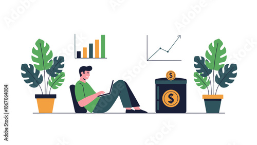 A person working on a laptop with financial graphs and a money bag nearby in a serene environment