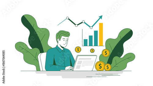 Man analyzing financial data on laptop with graphs and coins around