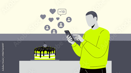 Man standing near table with cake using smartphone in a modern room with digital icons floating above