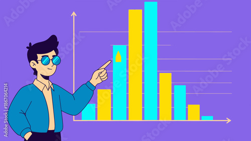Man presenting data analysis graph in a modern illustration style