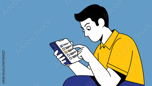 Man sitting and using a remote control while looking at a device in his hand