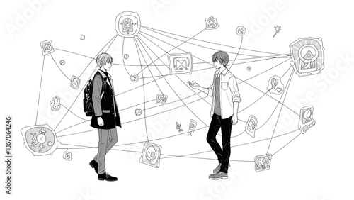 Two men interacting with a complex network of icons and connections in a digital environment