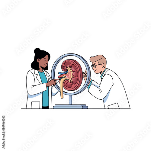 Two medical professionals examining a kidney model with a cutaway view in a lab setting with a clean and educational atmosphere.
